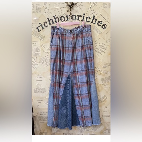 Free People Tricia Fix Plaid Denim Maxi Skirt Reworked Wine Blue - Picture 2 of 6